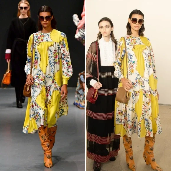 TORY BURCH Silk Quilted Yoke Yellow Floral Silk Midi Dress Size 4 - Picture 14 of 16